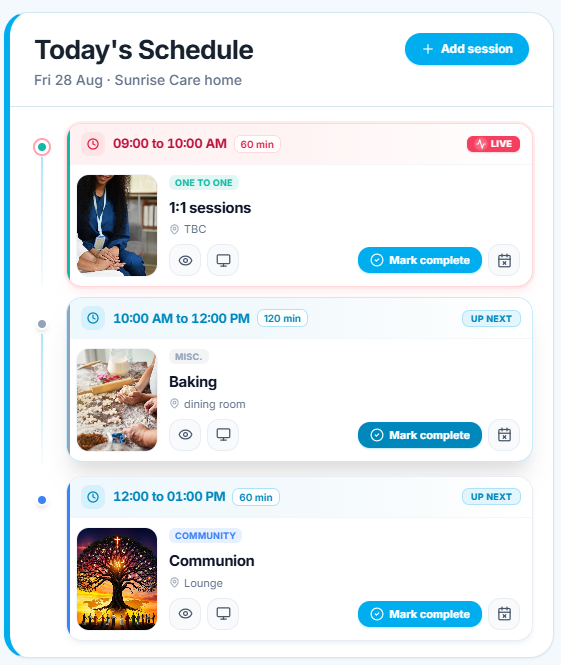 Today's Schedule in MAAP showing live and upcoming care home sessions